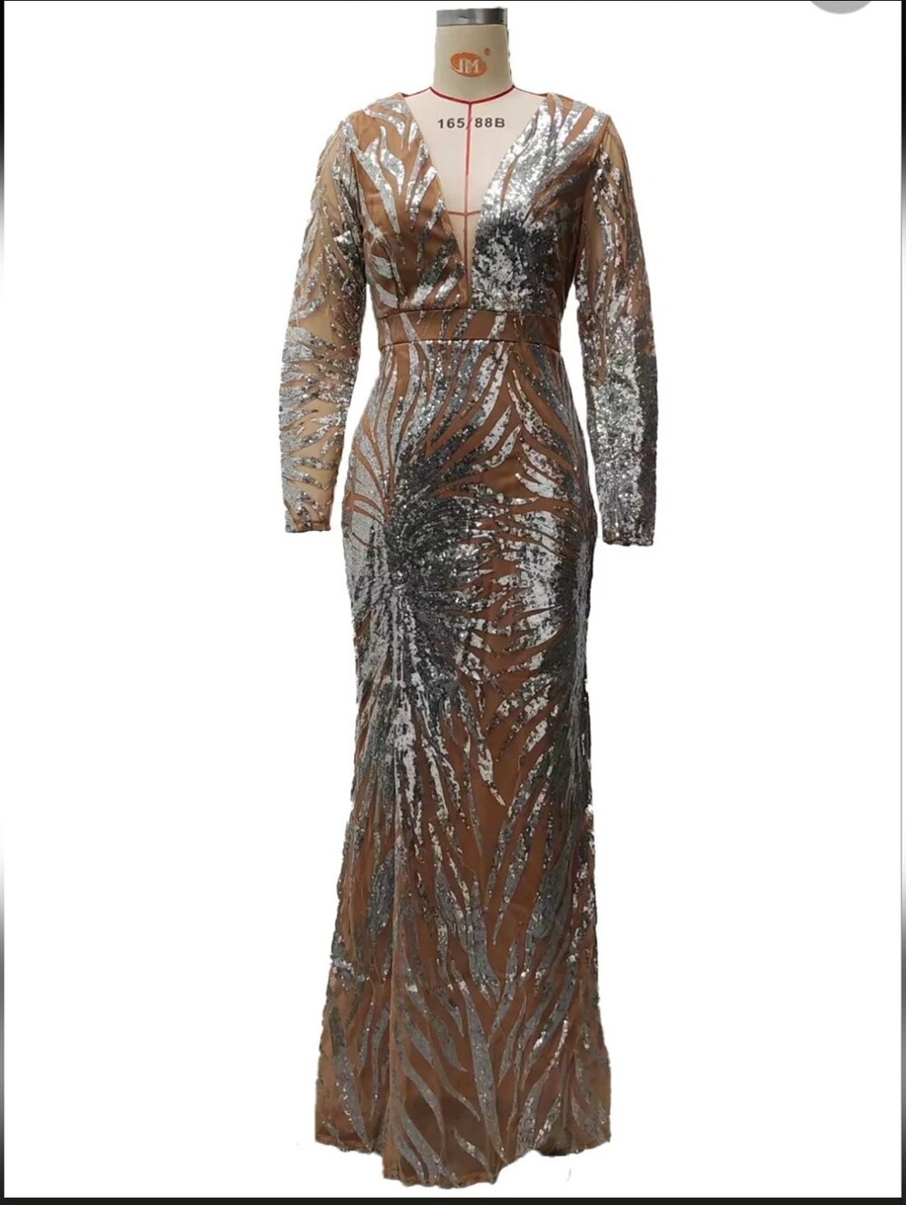 Sequin Mesh Long Sleeve Evening Gown in Nude and Silver